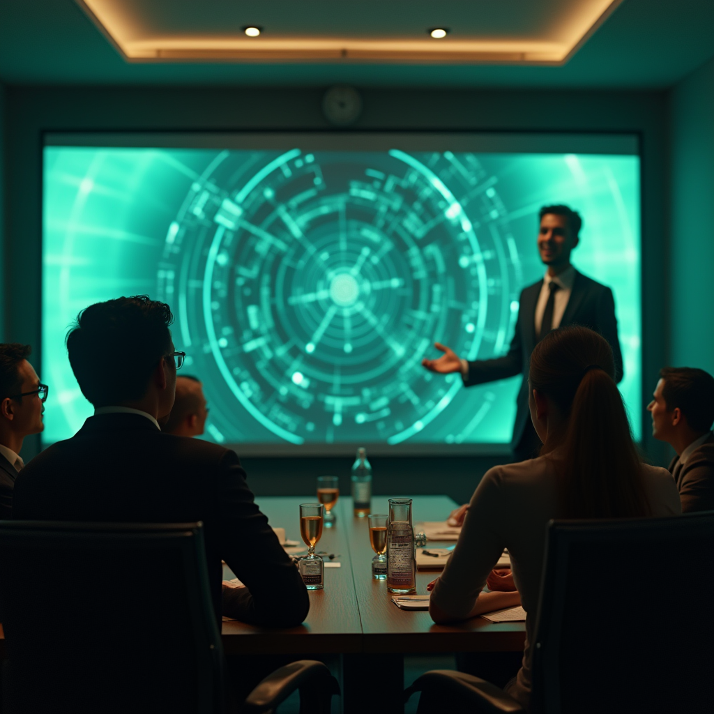 reunion con pantalla holografica en una consultoria inicial de IA